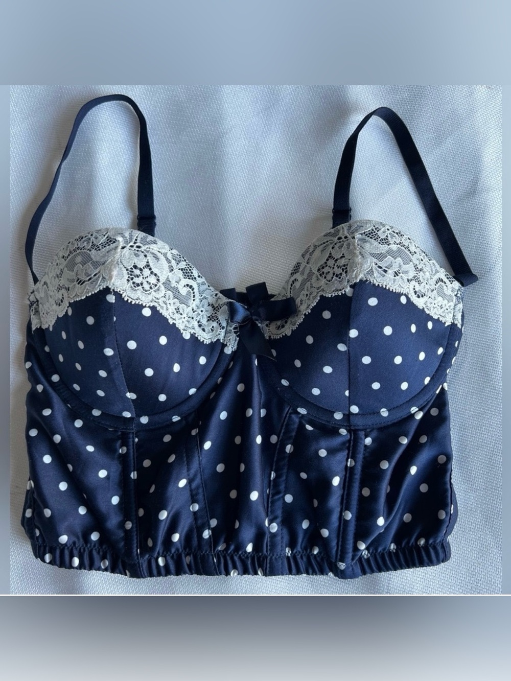 50%off🎊Guess Navy and White Polka Dot Satin with Lace Trim Bustier